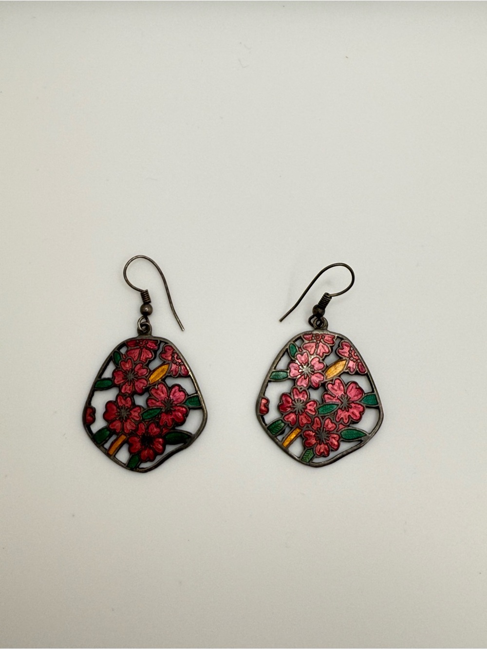 Cloisonne Floral Pink Cherry Blossom Drop Earrings